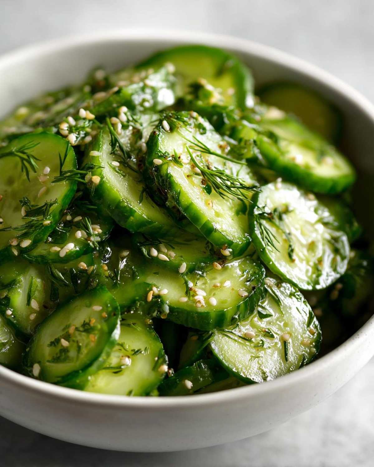 Close-up of a bowl of fresh cucumber salad with thinly sliced cucumbers, dill, and sesame seeds.