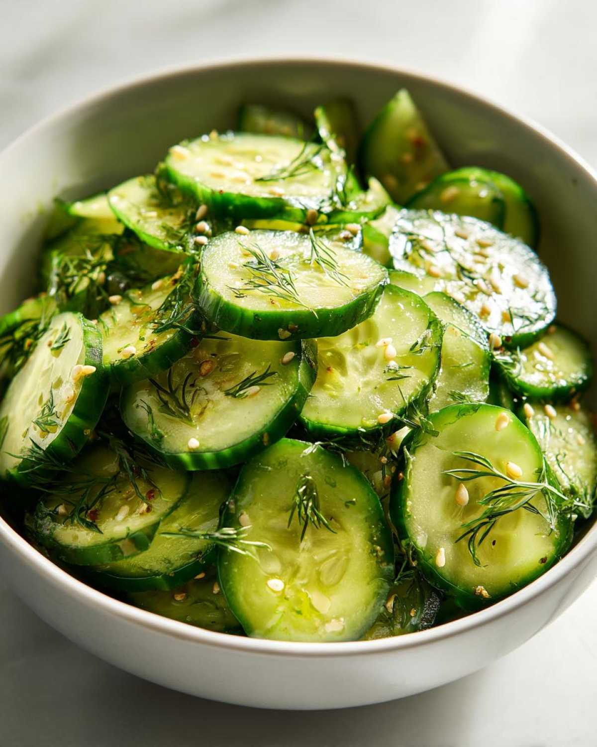 Close-up of a bowl filled with thinly sliced cucumber salad, garnished with fresh dill and sesame seeds.