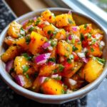 Close-up of a vibrant peach salsa in a light blue bowl, showing diced peaches, red onion, and green herbs.