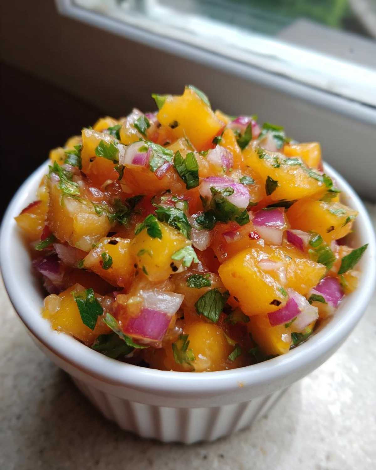 Close-up of vibrant peach salsa in a small white bowl, showing diced peaches, red onion, and fresh herbs.