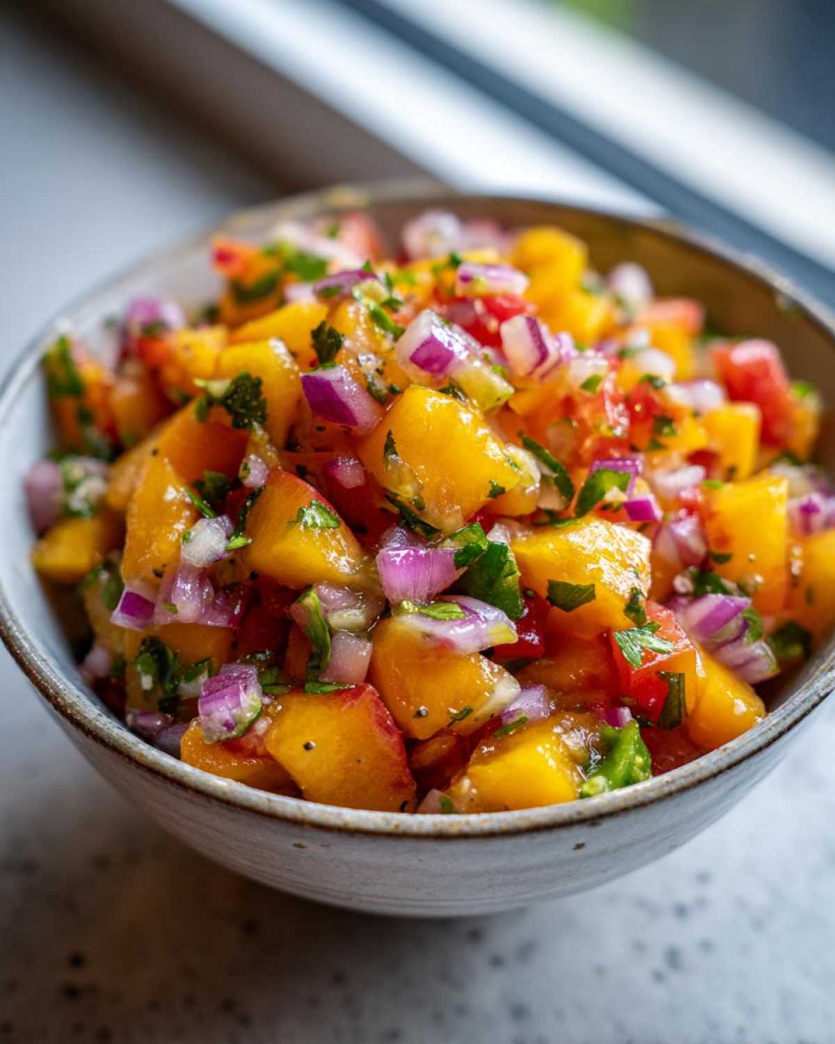 A close-up shot of a bowl filled with vibrant peach salsa, featuring diced peaches, red onion, cilantro, and red bell pepper.