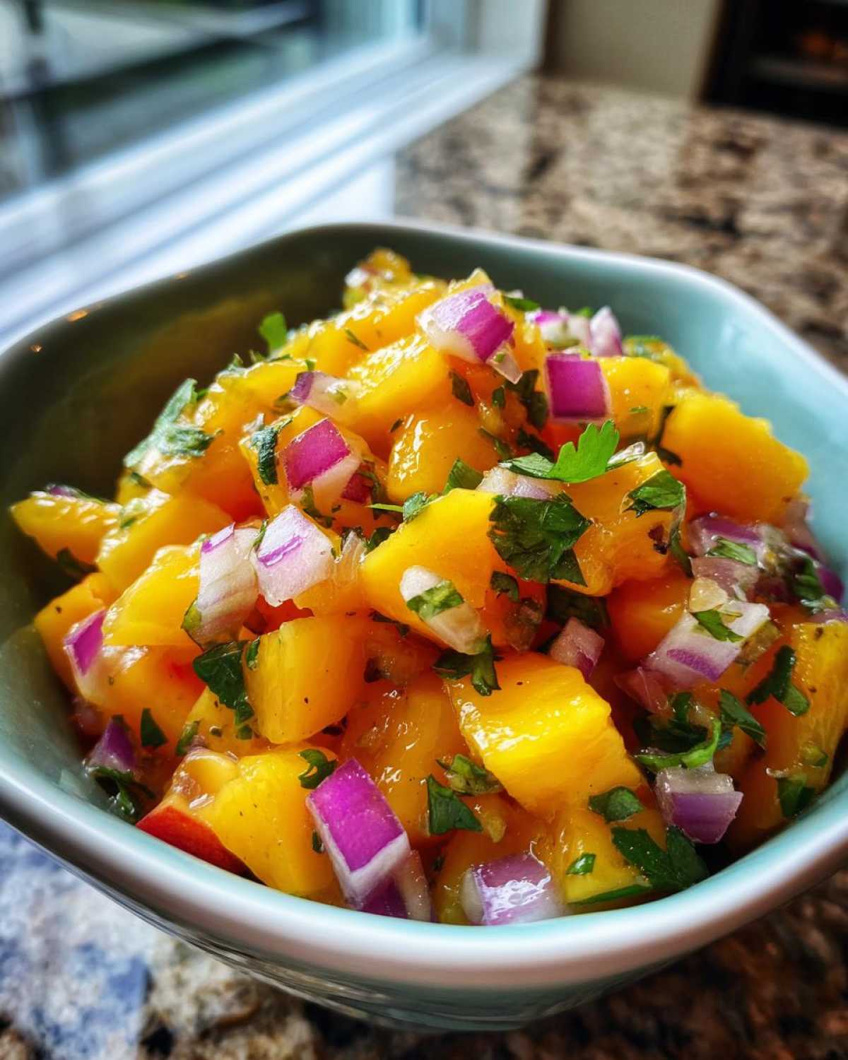 Close-up of a bowl of vibrant peach salsa, featuring diced peaches, red onion, and fresh cilantro.