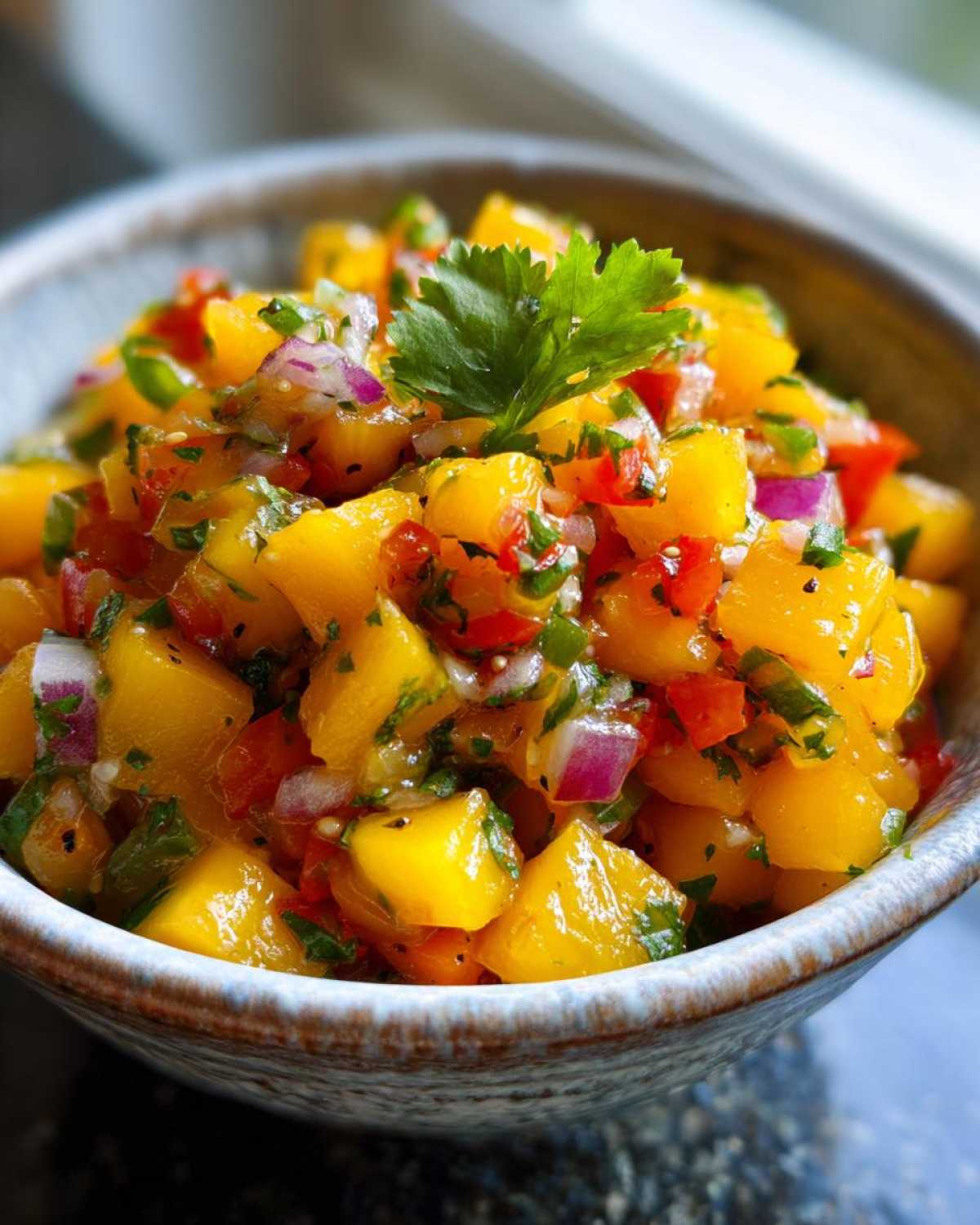 Close-up of vibrant peach salsa in a rustic bowl, garnished with cilantro. The peach salsa contains diced peaches, red onion, and red bell pepper.