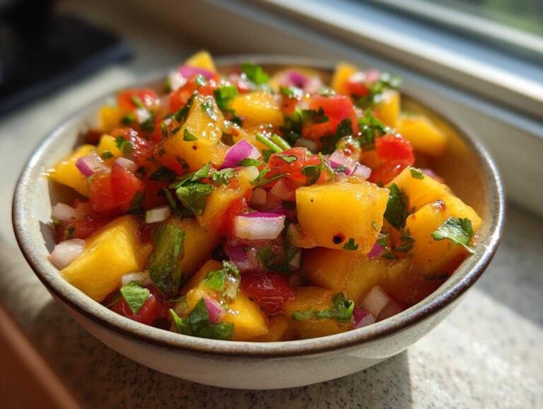 Close-up of vibrant peach salsa in a ceramic bowl, featuring diced peaches, red onion, tomatoes, and cilantro.