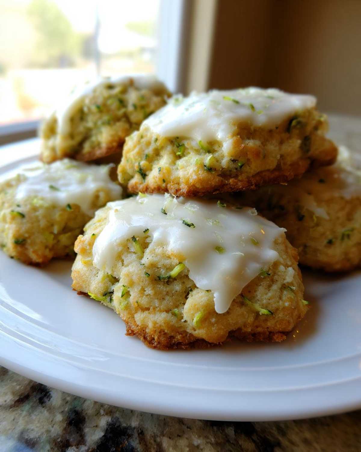 A close-up of several freshly baked zucchini cookies with white icing glaze and specks of green zucchini.