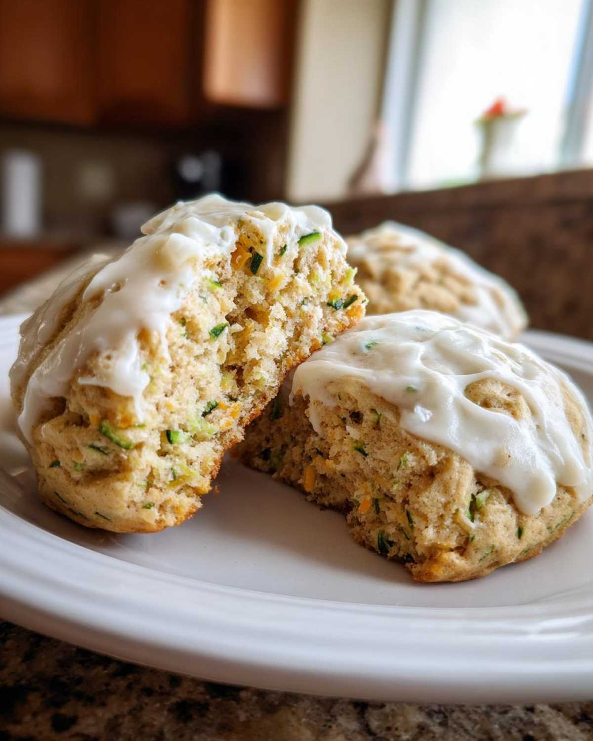 Close-up of two frosted zucchini cookies on a white plate, one broken in half revealing green zucchini bits.