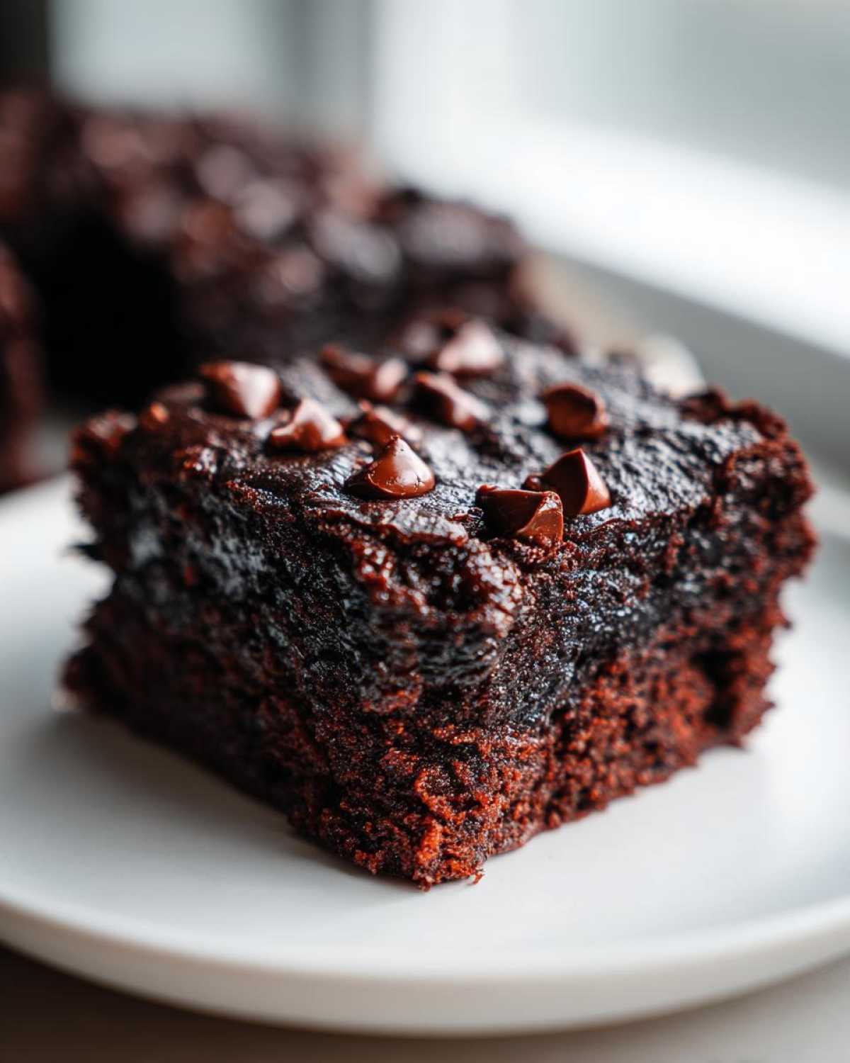 Close-up of a single square of dark, fudgy zucchini brownies topped with melted chocolate chips on a white plate.