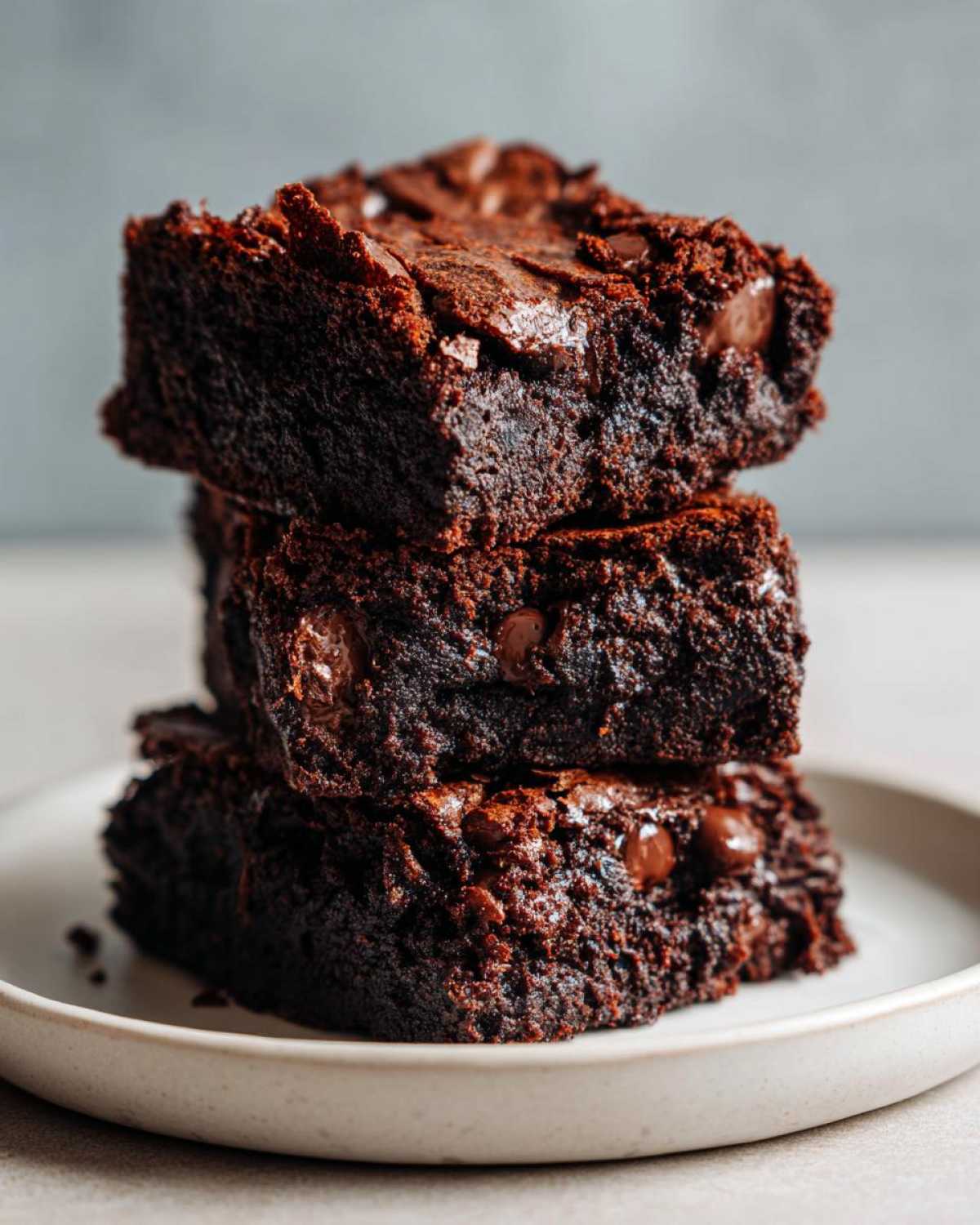 A close-up stack of three dark, fudgy zucchini brownies with visible chocolate chips on a light plate.