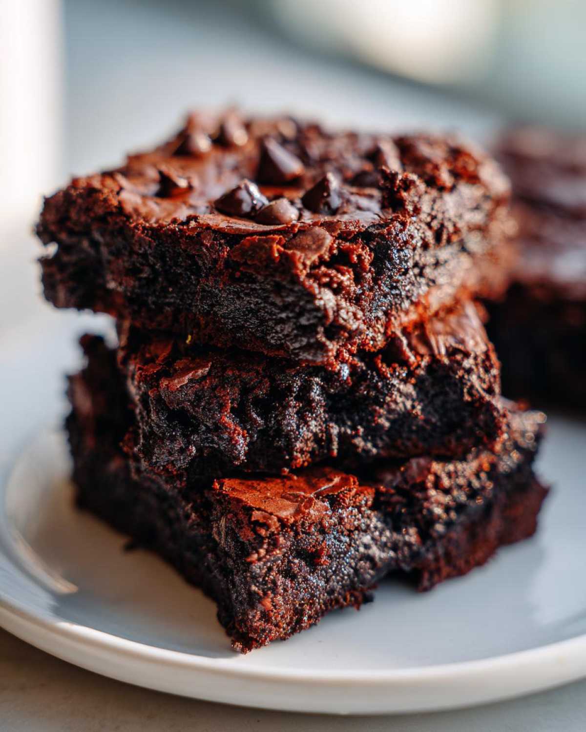 Close-up of a stack of three rich, dark chocolate zucchini brownies on a white plate, topped with chocolate chips.