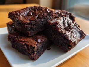A close-up stack of dark, fudgy zucchini brownies topped with chocolate chips on a white plate.