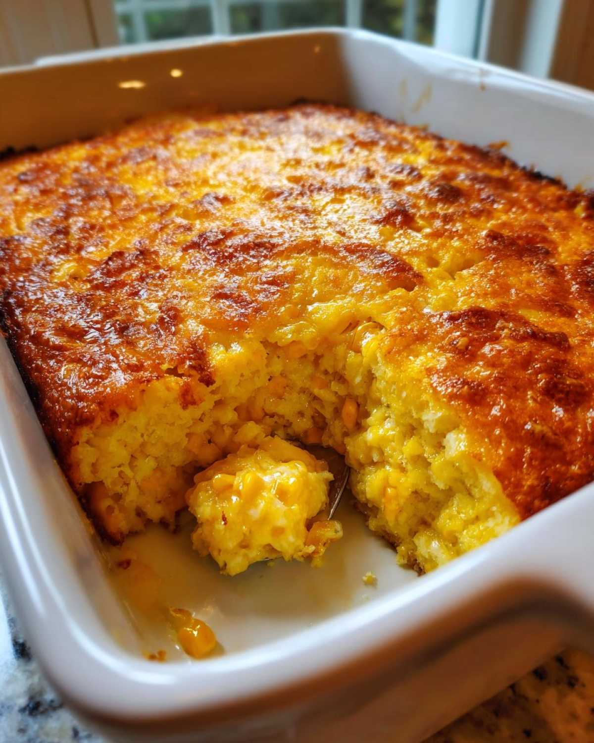 A close-up of a golden brown corn casserole in a white baking dish, with a spoonful removed showing creamy texture. corn casserole.