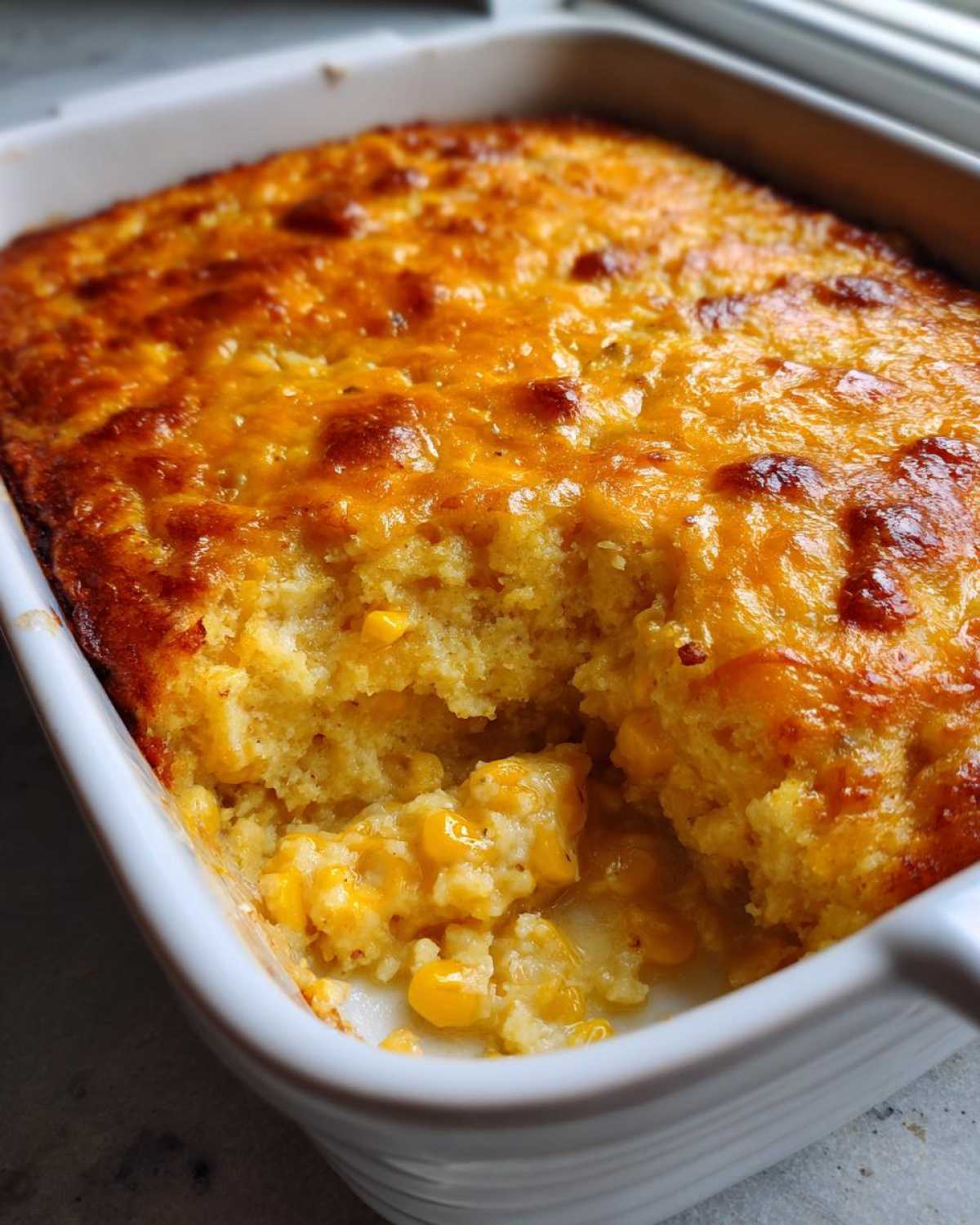 Close-up of a golden brown corn casserole in a white baking dish with a scoop removed, showing the creamy texture and whole corn kernels.