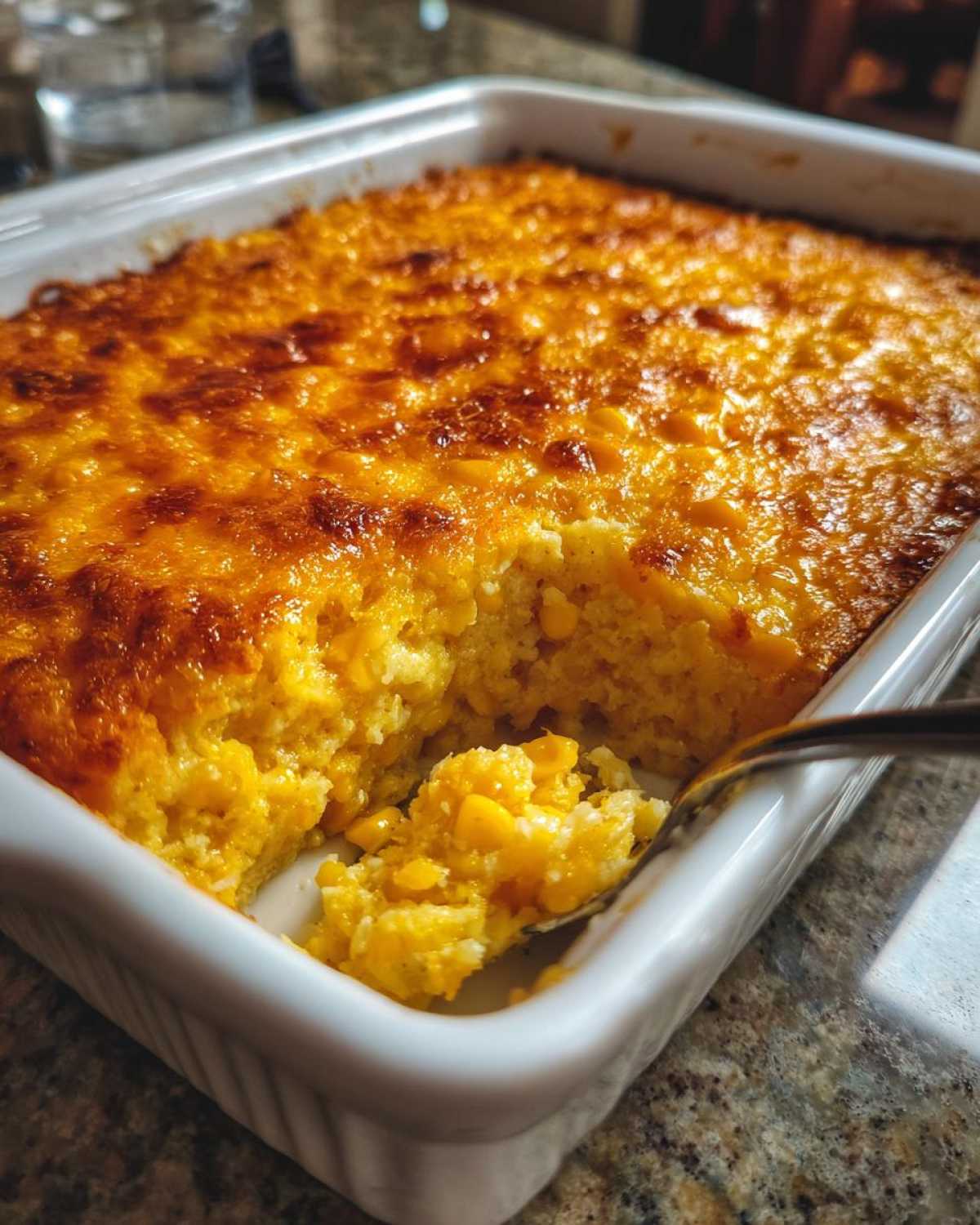 Close-up of a golden brown corn casserole in a white baking dish with a spoon scooping out a portion.