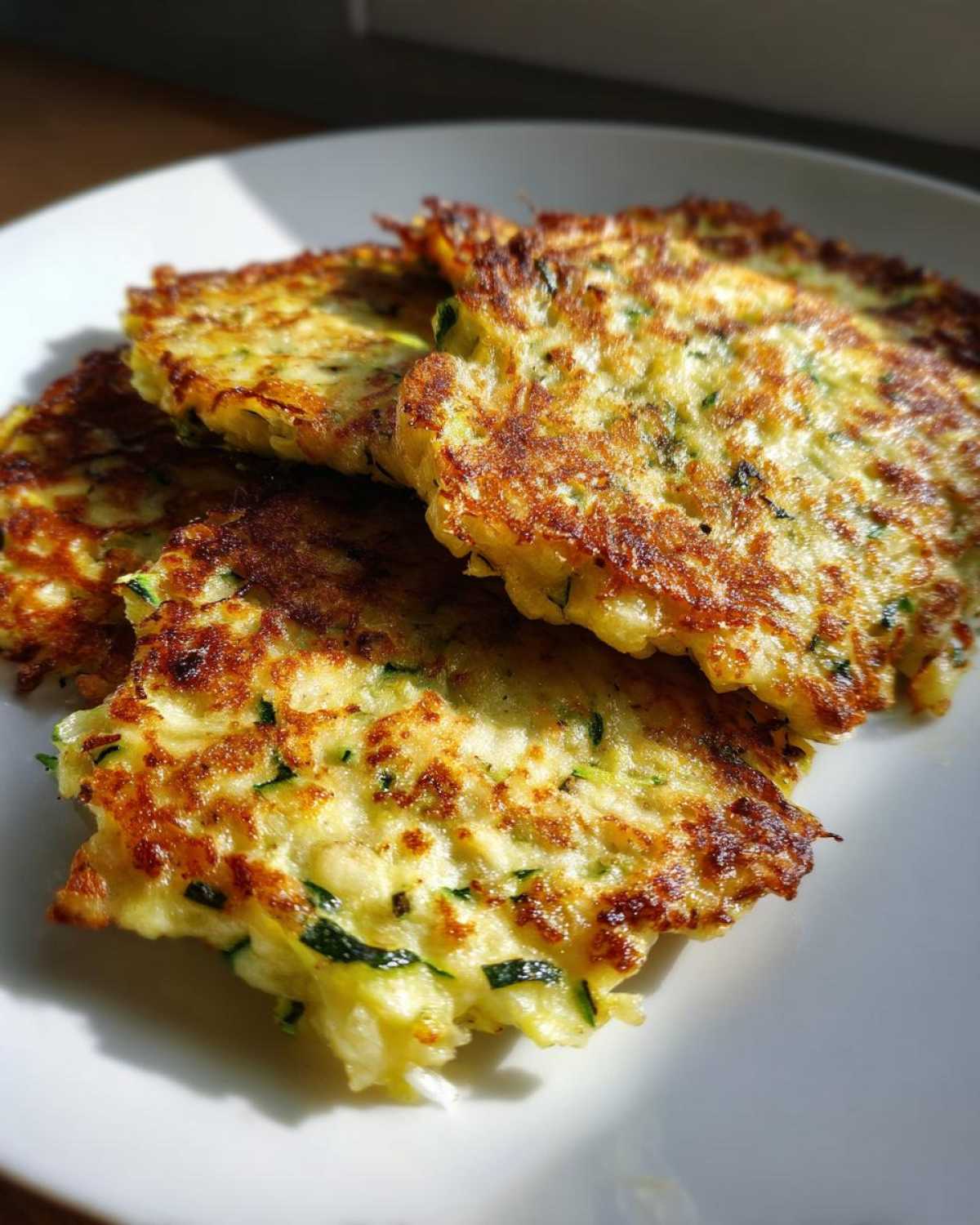 Close-up of several golden brown zucchini fritters on a white plate, showing crispy edges and flecks of green zucchini.