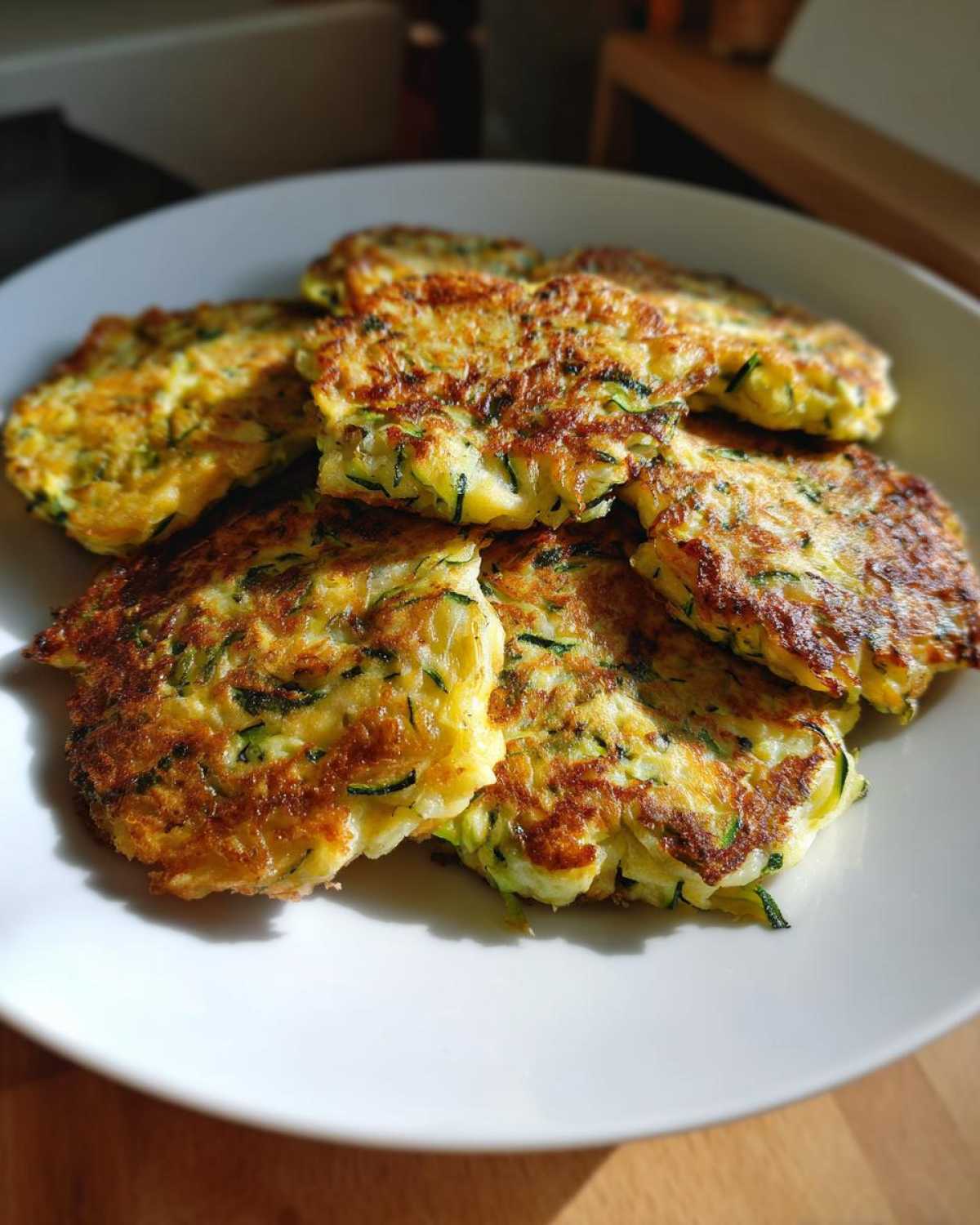 A close-up shot of several golden brown zucchini pancakes piled on a white plate, showing crispy edges and shredded zucchini.