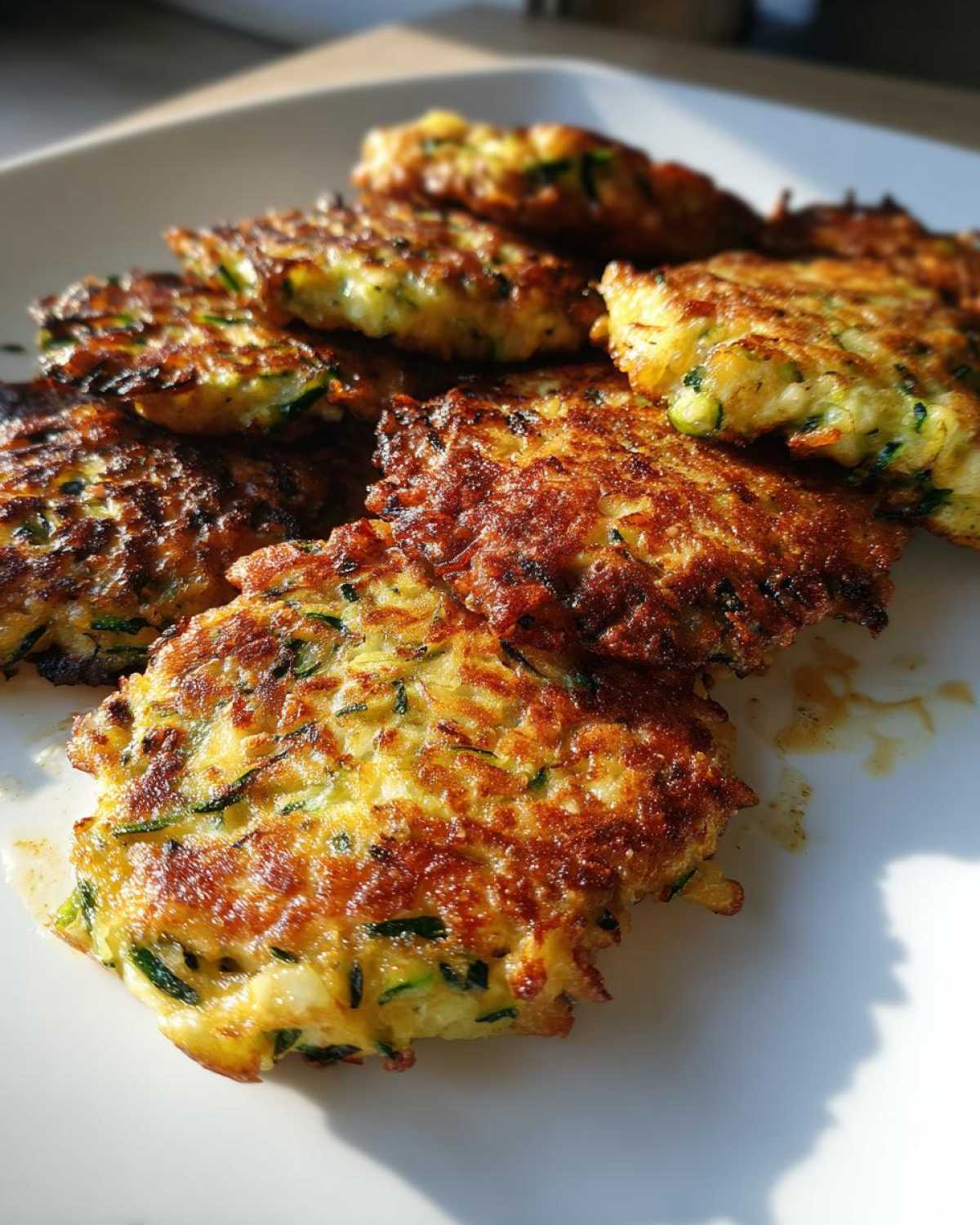 A close-up shot of a stack of golden brown zucchini fritters on a white plate, showing their crispy texture.