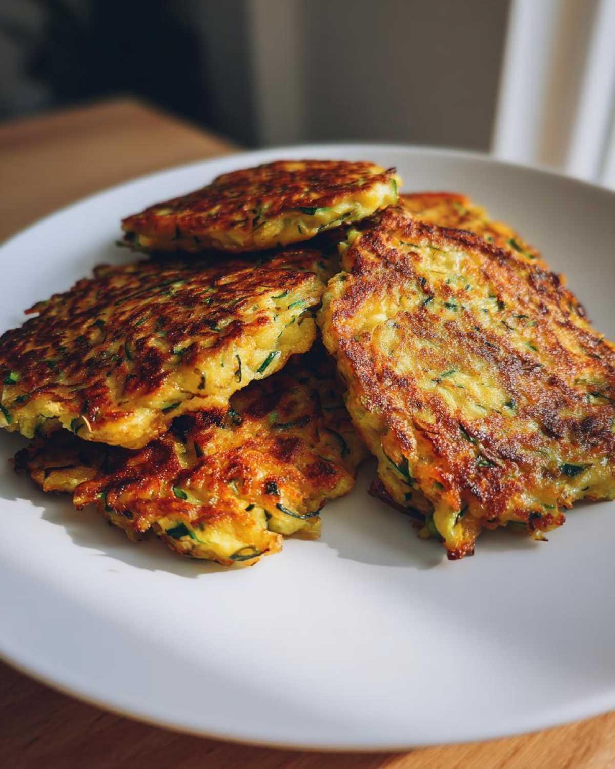 A close-up view of several golden brown zucchini pancakes stacked on a white plate, showing crispy edges and flecks of green zucchini.