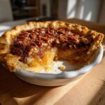 Close-up of a golden-brown pecan pie cobbler in a white dish, with a slice removed revealing the gooey, rich filling.