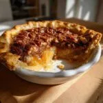 Close-up of a golden-brown pecan pie cobbler in a white dish, with a slice removed revealing the gooey, rich filling.