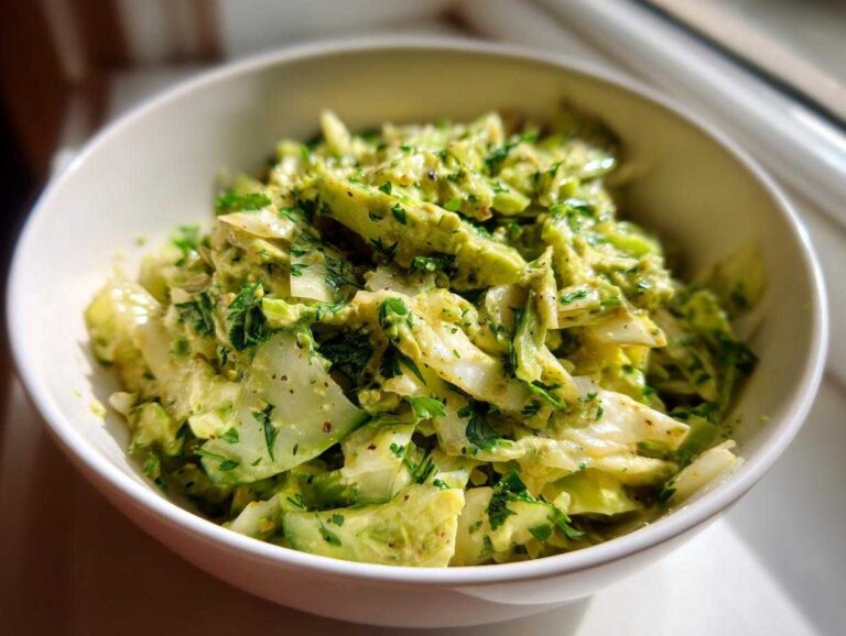 Close-up of a vibrant green goddess salad in a white bowl, featuring chopped cabbage, cucumbers, and a creamy green dressing.
