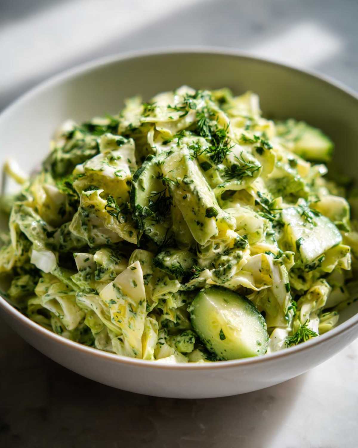 Close-up of a bowl of green goddess salad with chopped lettuce, cucumbers, and green dressing.