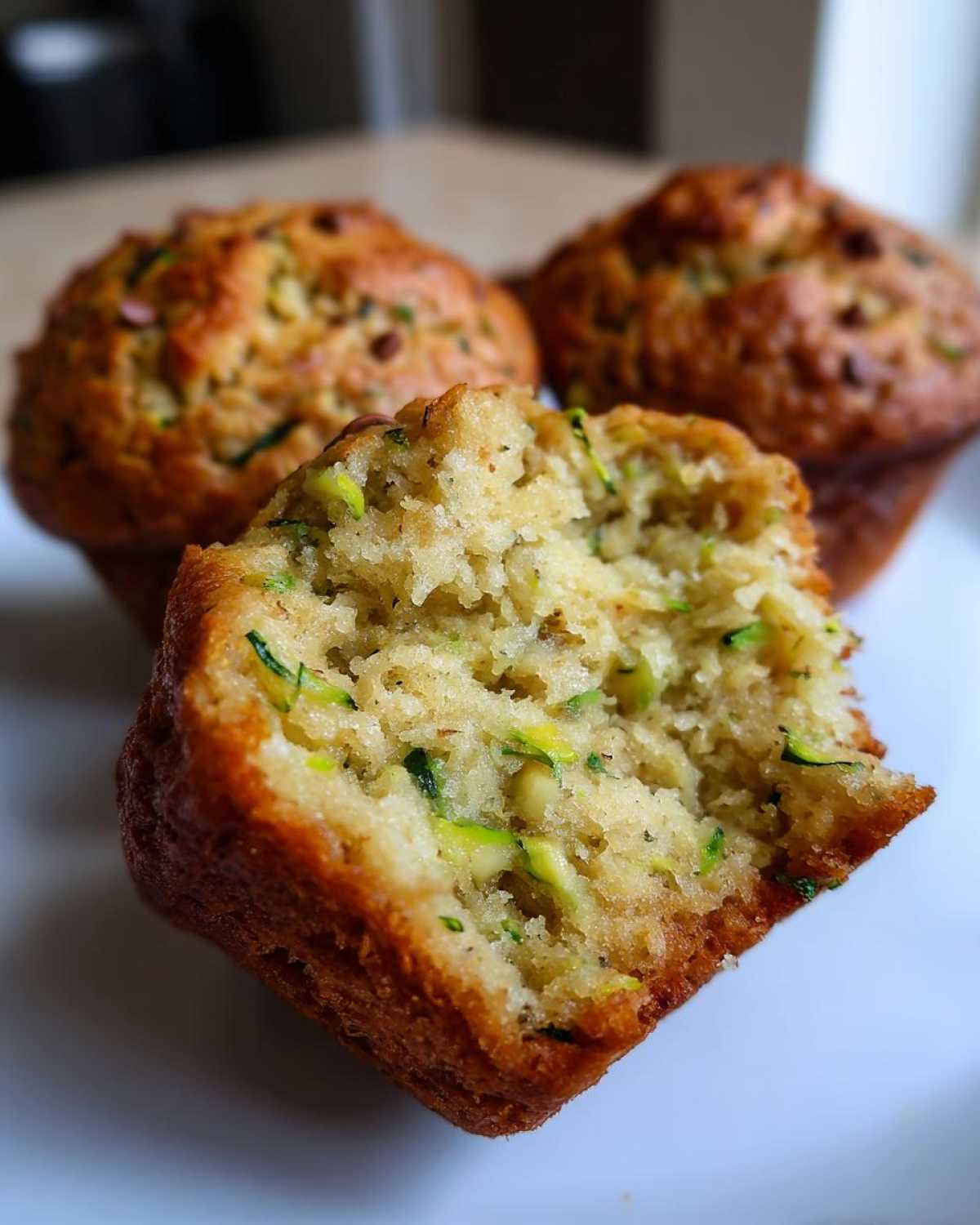 Close-up of a healthy zucchini muffin with a bite taken out, showing the moist interior and green zucchini flecks. Two more muffins are blurred in the background.