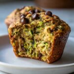 Close-up of a healthy zucchini muffin with a bite taken out, revealing shredded zucchini and chocolate chips.