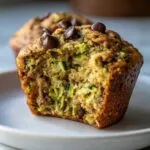 Close-up of a healthy zucchini muffin with a bite taken out, revealing shredded zucchini and chocolate chips.