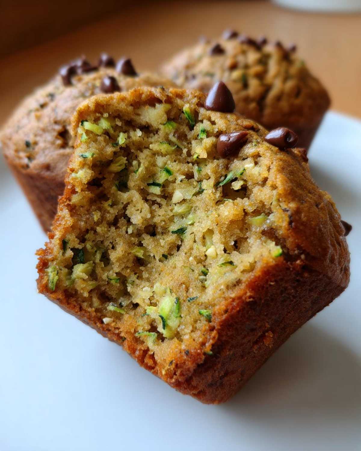 Close-up of a healthy zucchini muffin cut in half, showing shredded zucchini and chocolate chips inside and on top.