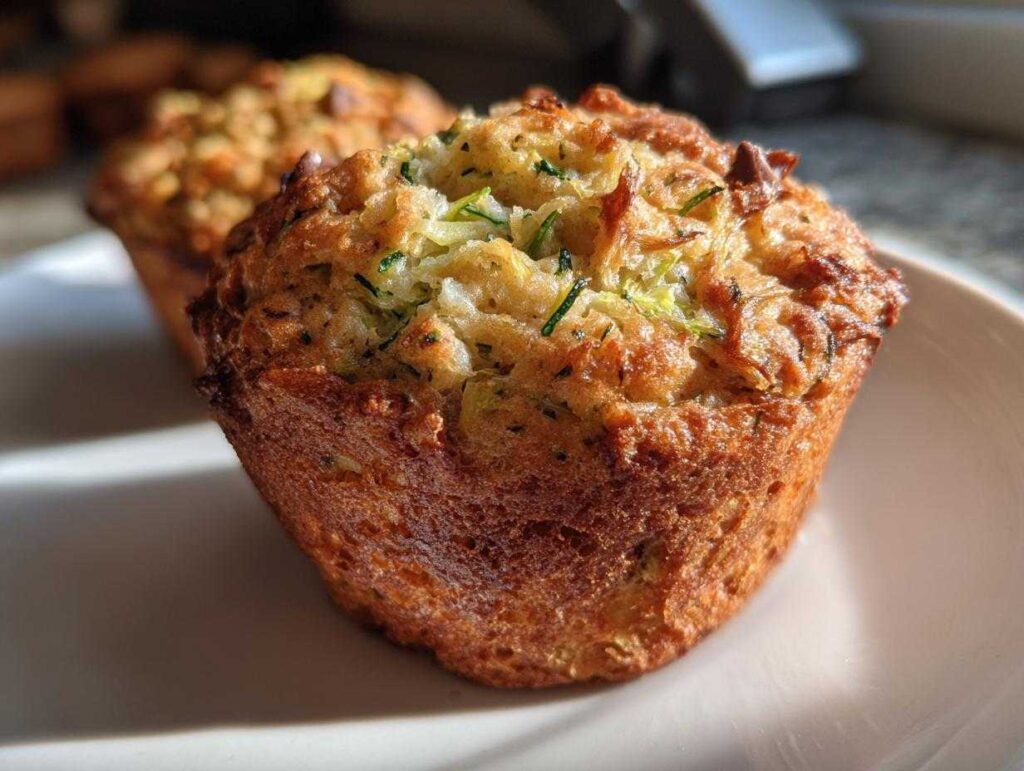 Close-up of a golden-brown zucchini muffin healthy, with visible shredded zucchini on top, sitting on a white plate.
