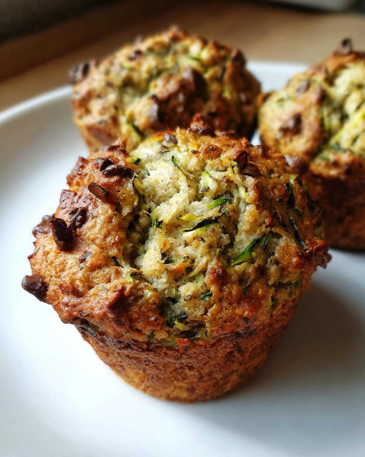 Close-up of a healthy zucchini muffin with visible shredded zucchini and chocolate chips on a white plate.