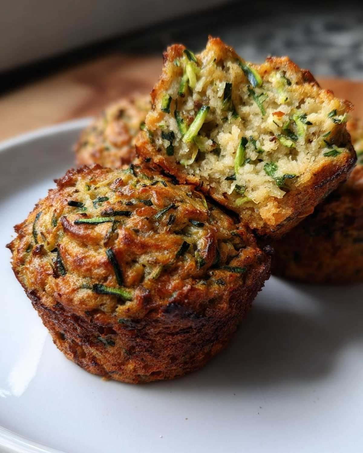 Close-up of a healthy zucchini muffin, with one cut in half to show the moist interior and shredded zucchini.