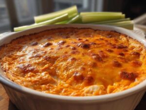Close-up of a bubbling, golden-brown high protein buffalo chicken dip in a white baking dish, with celery sticks in the background.