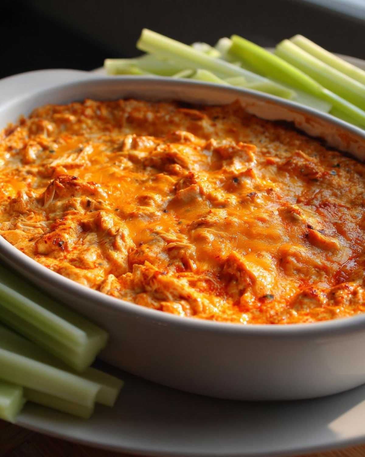 Close-up of a baked high protein buffalo chicken dip in a white oval dish, surrounded by fresh celery sticks.