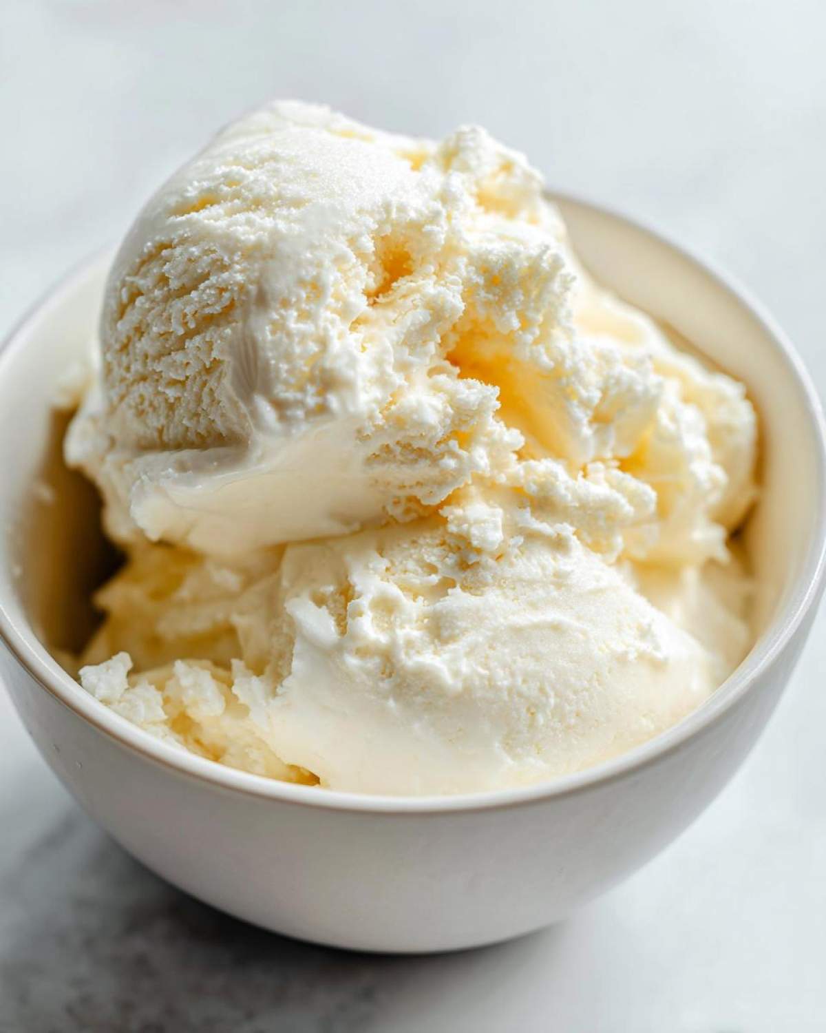 Close-up of a white bowl filled with scoops of creamy high protein cottage cheese ice cream.