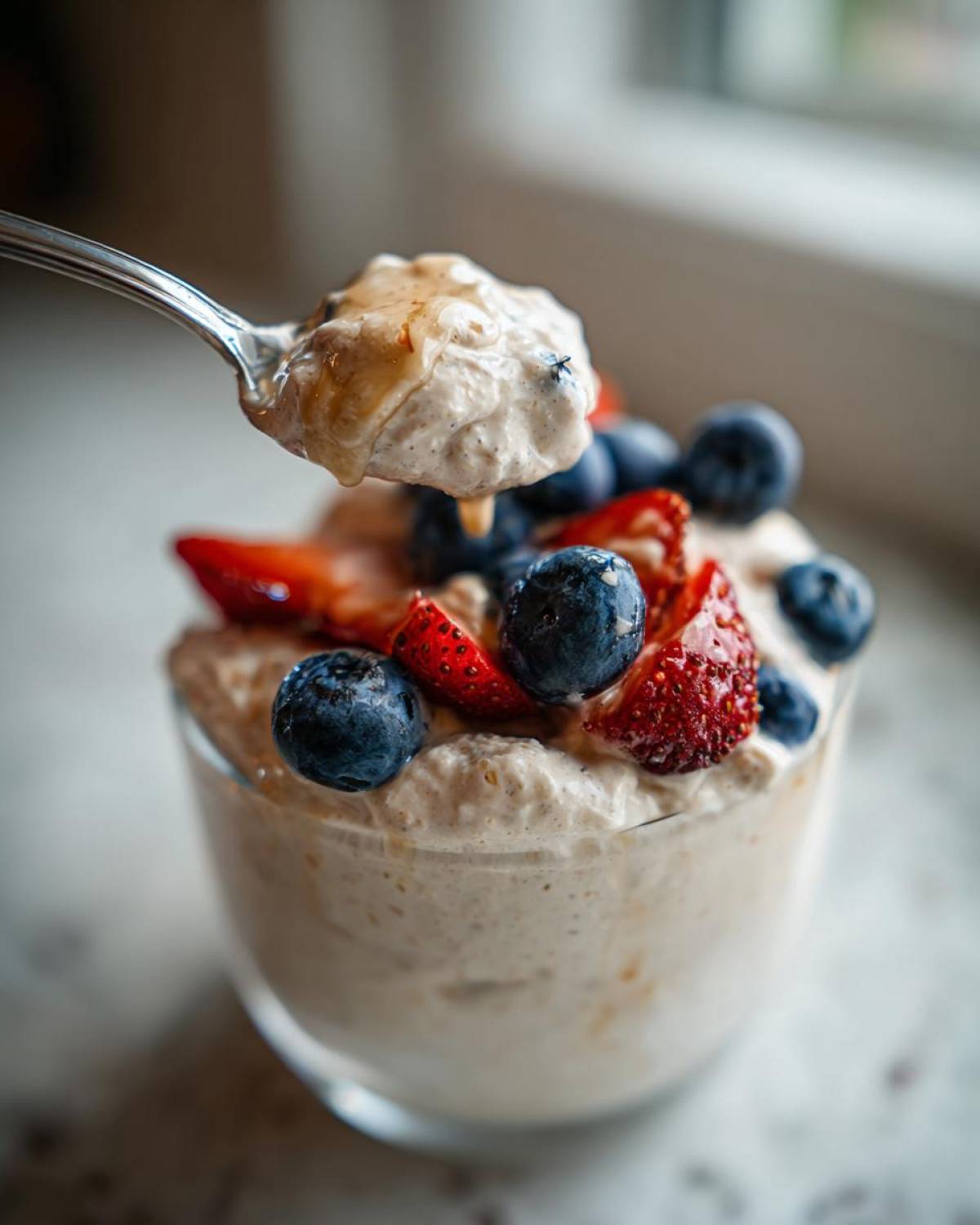 A spoonful of creamy high protein overnight oats being lifted from a glass, topped with fresh blueberries, strawberries, and a drizzle of honey.