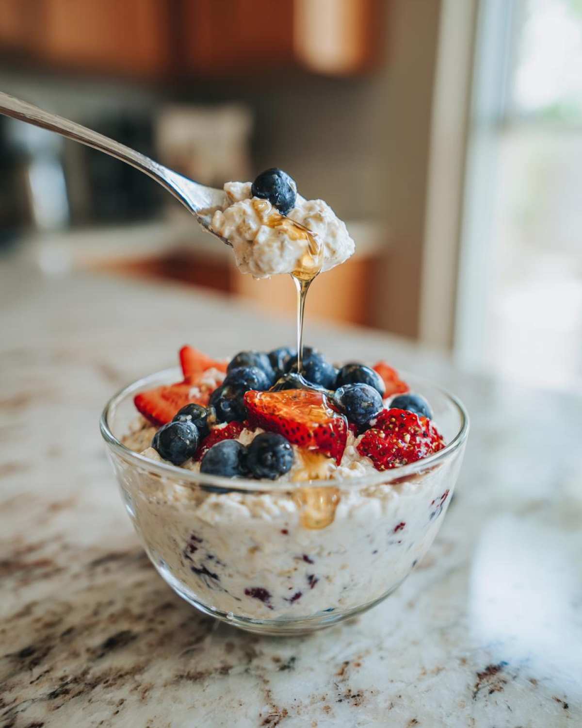 A spoonful of high protein overnight oats being lifted from a bowl, with honey drizzling over fresh blueberries and strawberries.