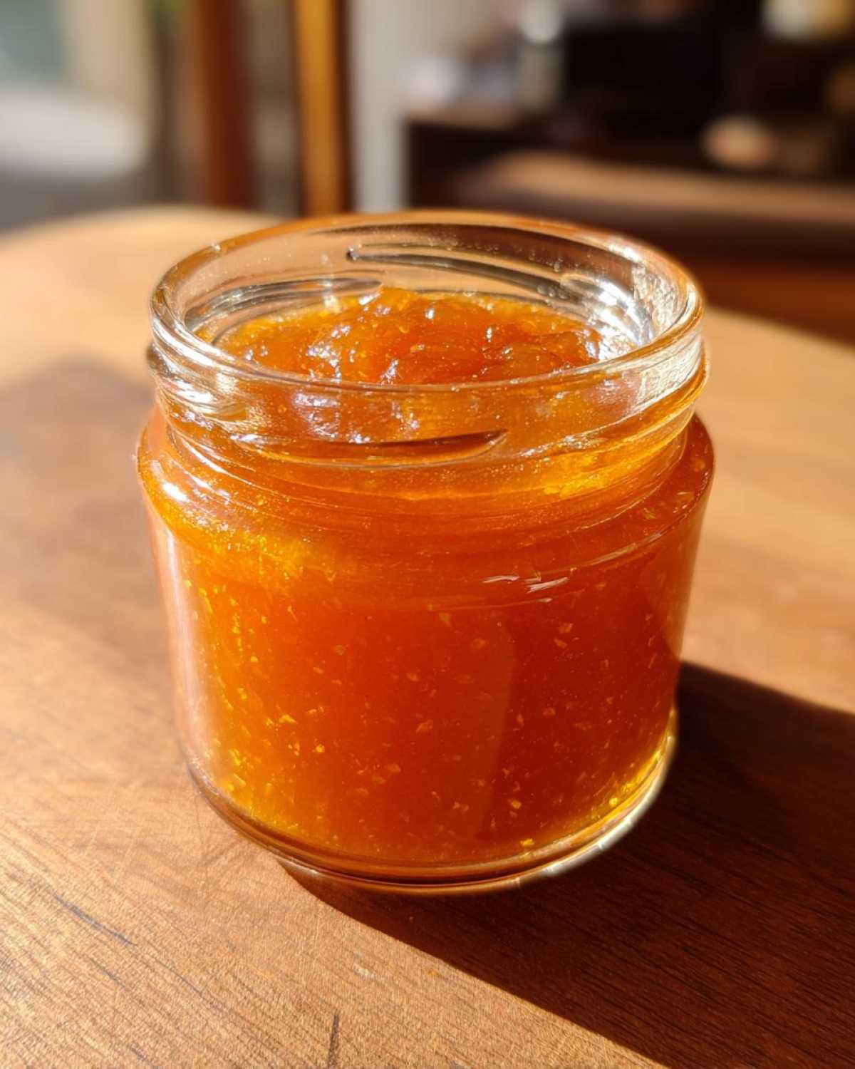 Close-up of a small glass jar filled with bright orange apricot jam on a wooden surface.