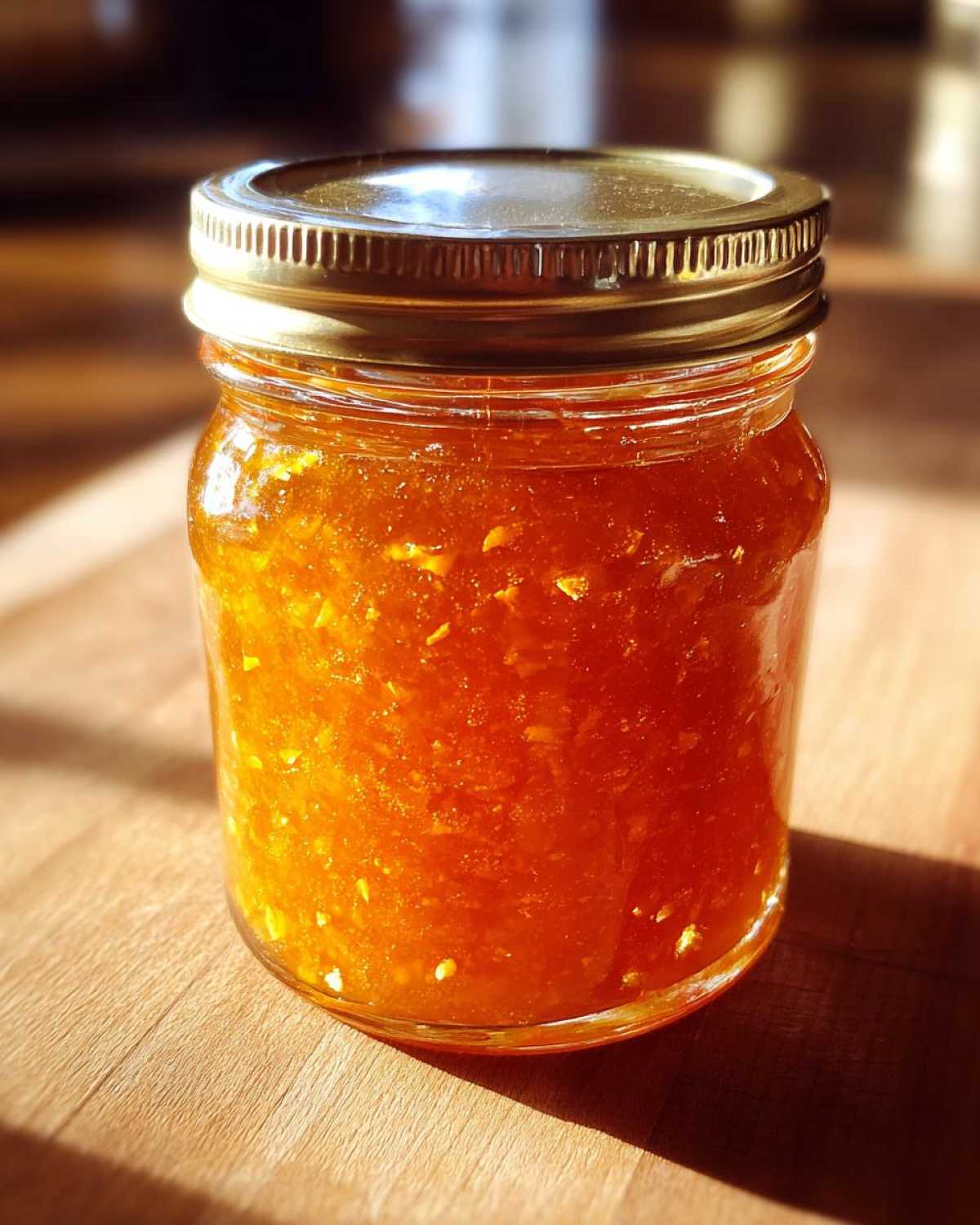 A glass jar filled with bright orange homemade apricot jam, sitting on a wooden surface.
