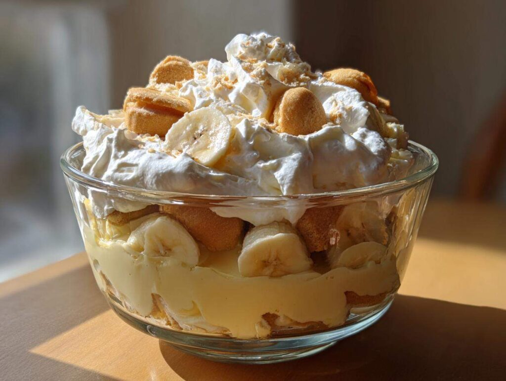A clear glass bowl filled with layers of banana pudding, sliced bananas, vanilla wafers, and topped with whipped cream and crushed wafers.