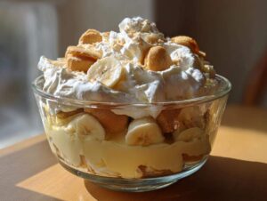 A clear glass bowl filled with layers of banana pudding, sliced bananas, vanilla wafers, and topped with whipped cream and crushed wafers.