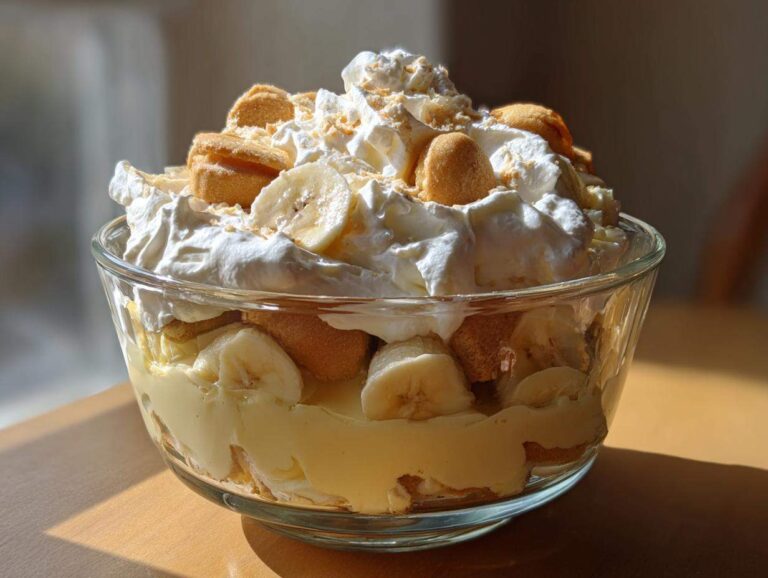 A clear glass bowl filled with layers of banana pudding, sliced bananas, vanilla wafers, and topped with whipped cream and crushed wafers.