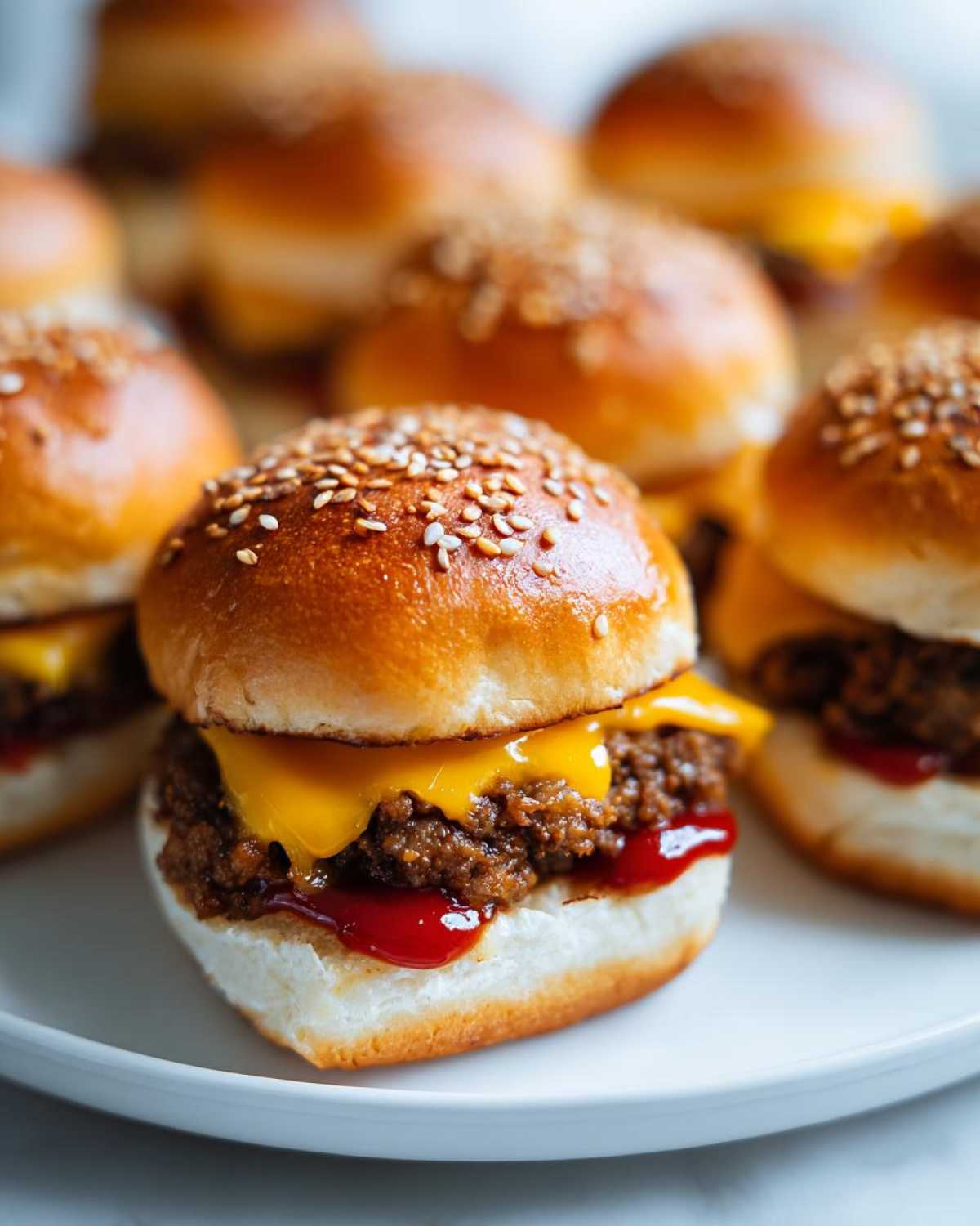 A close-up shot of several delicious cheeseburger sliders on a white plate, with melted cheese and ketchup visible.