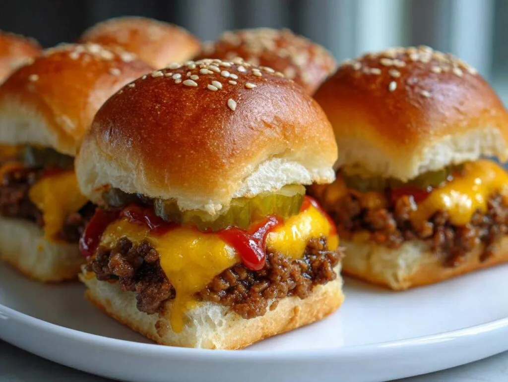Close-up of several homemade cheeseburger sliders on a white plate, with melted cheese, pickles, and ketchup.