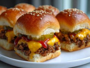 Close-up of several homemade cheeseburger sliders on a white plate, with melted cheese, pickles, and ketchup.