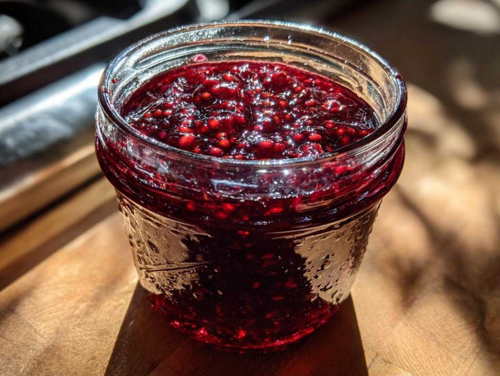 Close-up of a glass jar filled with vibrant red fig jam, showing the texture and small seeds.