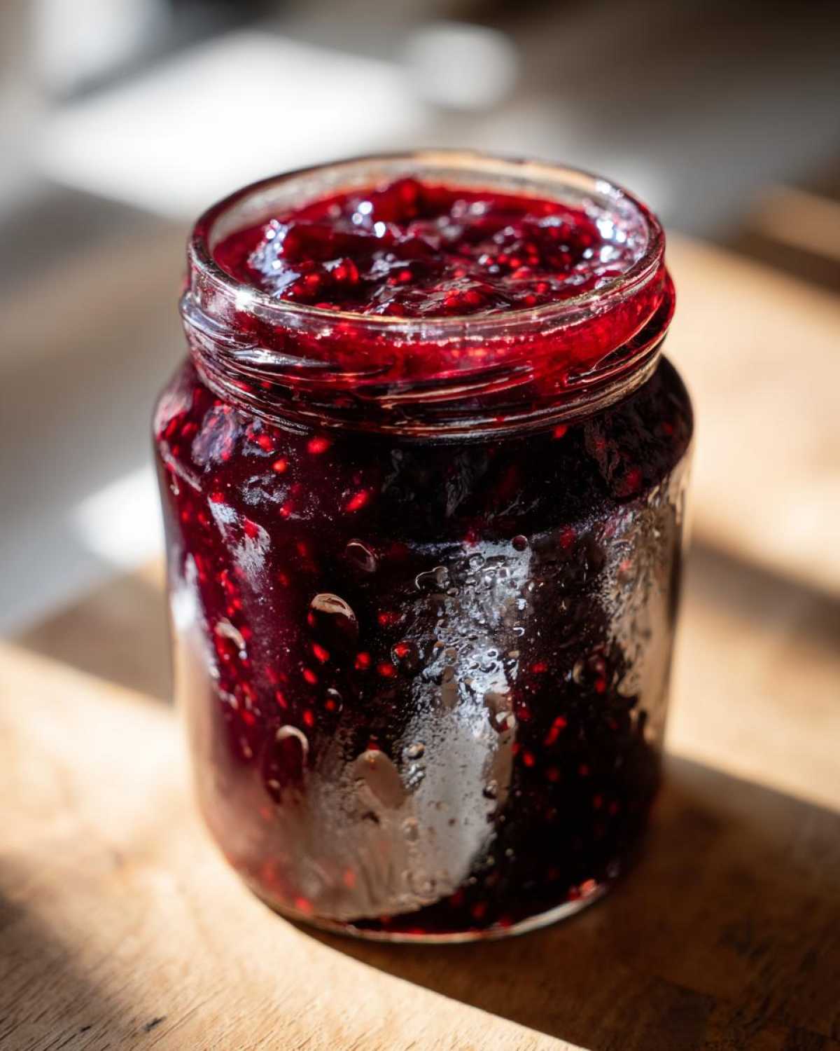 A clear glass jar filled with dark red, chunky fig jam, sitting on a wooden surface in sunlight.