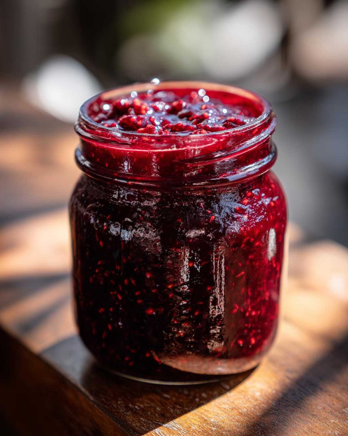 A close-up shot of a clear glass jar filled with vibrant red fig jam, showing the texture and small seeds.