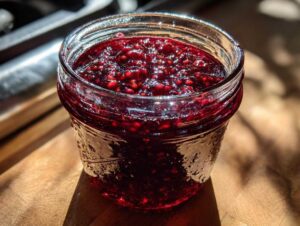 Close-up of a glass jar filled with vibrant red fig jam, showing the texture and small seeds.