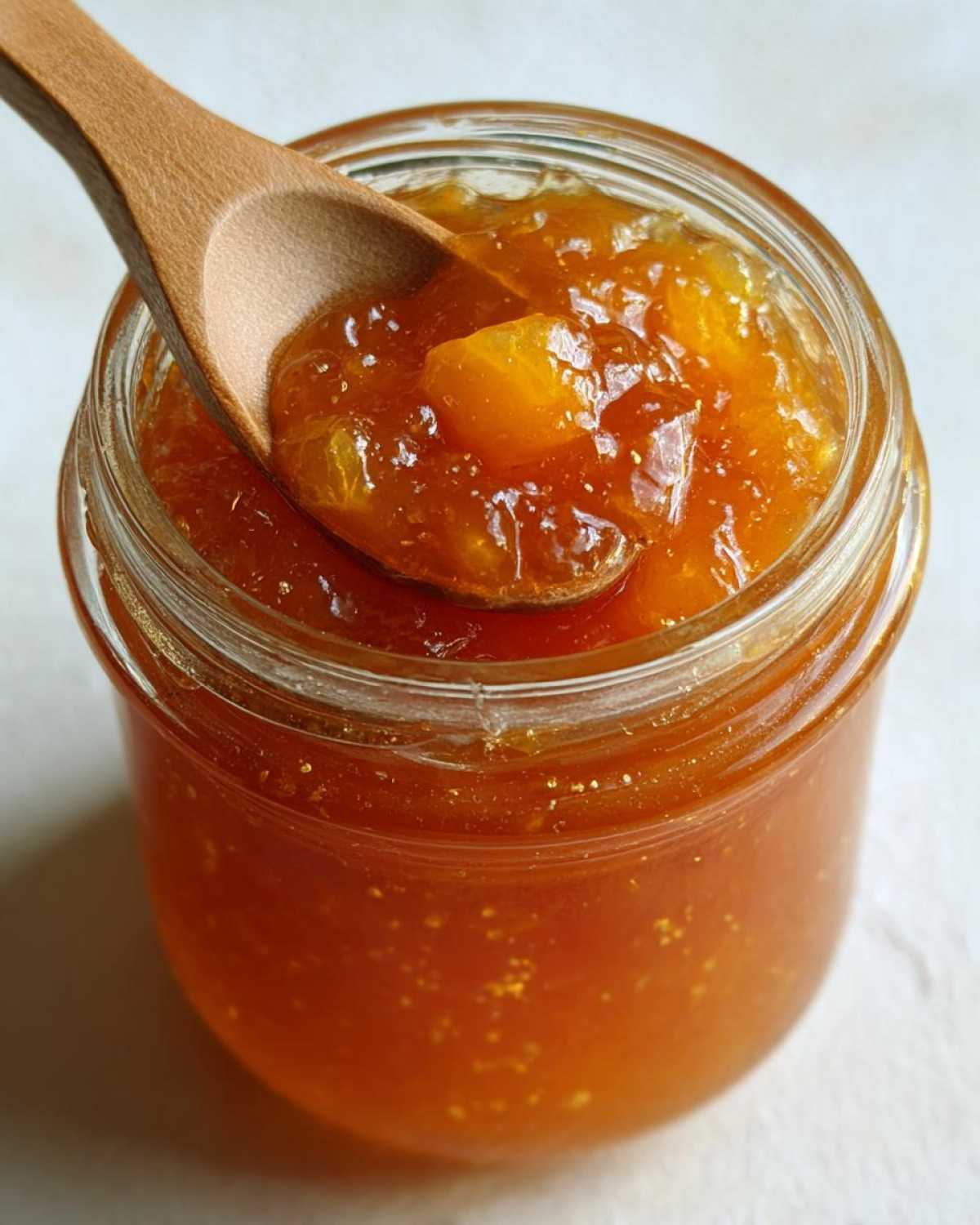 Close-up of a glass jar filled with homemade peach jam, with a wooden spoon scooping out a portion.